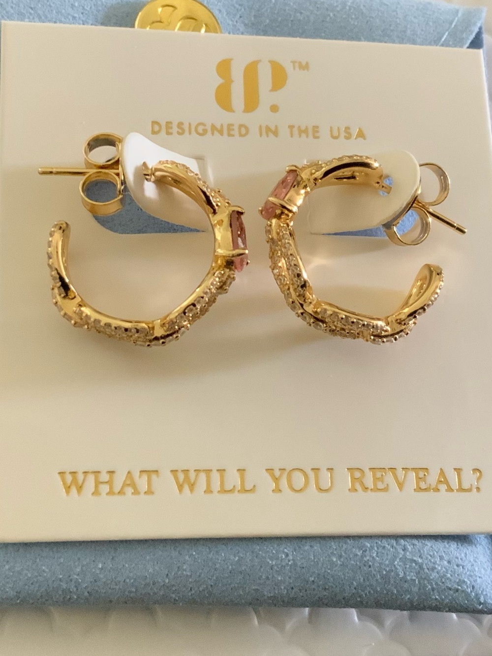 bp Gold Hoop Earrings with Pink Accents 9.25 sterling